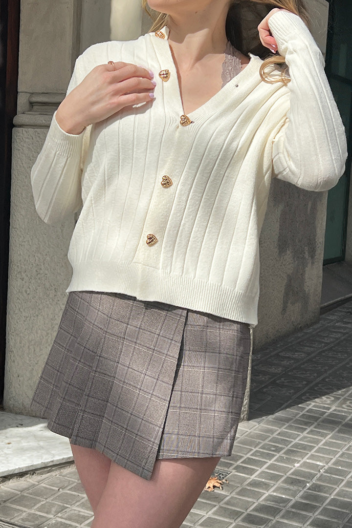 Heart-Button Cardigan (Shell White)