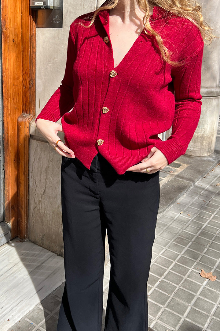 Heart-Button Cardigan (Rose Red)