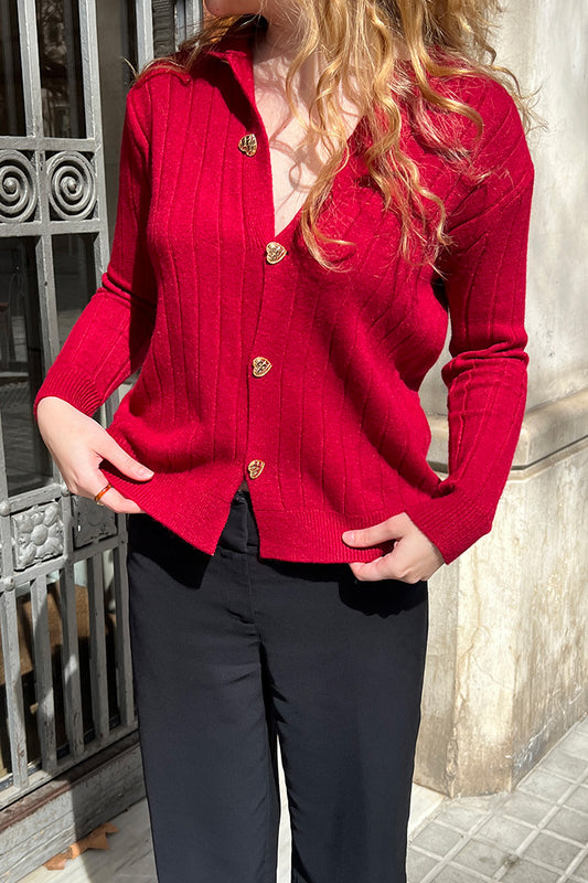Heart-Button Cardigan (Rose Red)